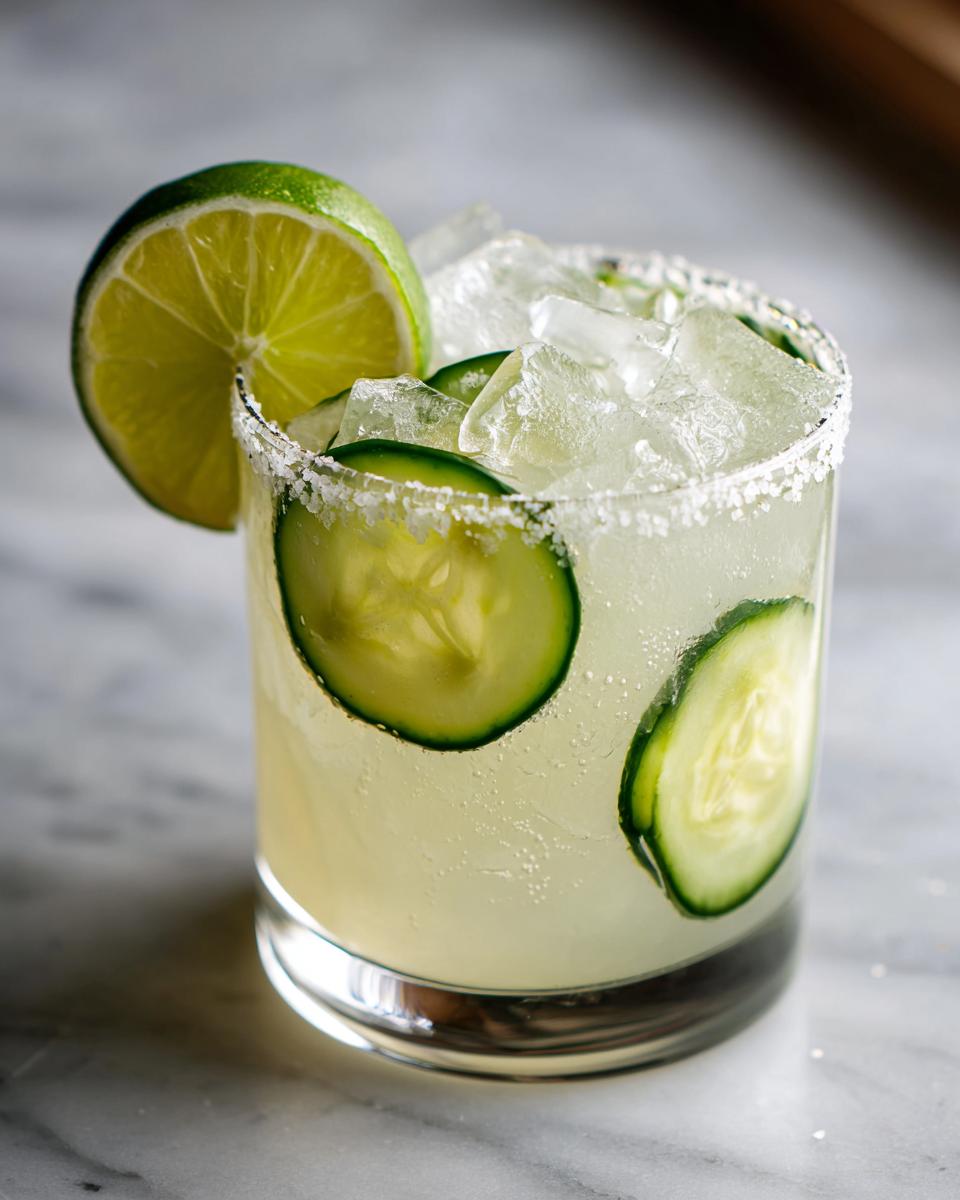 Close-up of a Pickle Margarita cocktail with cucumber slices, lime, and salt rim.