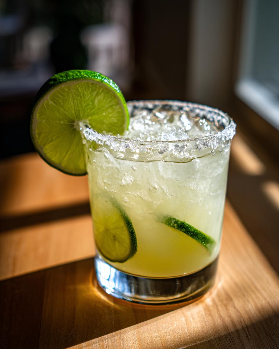 A close-up of a Pickle Margarita in a glass with a salt rim and lime garnish.