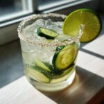A refreshing Pickle Margarita cocktail with cucumber slices, lime, and a salted rim.