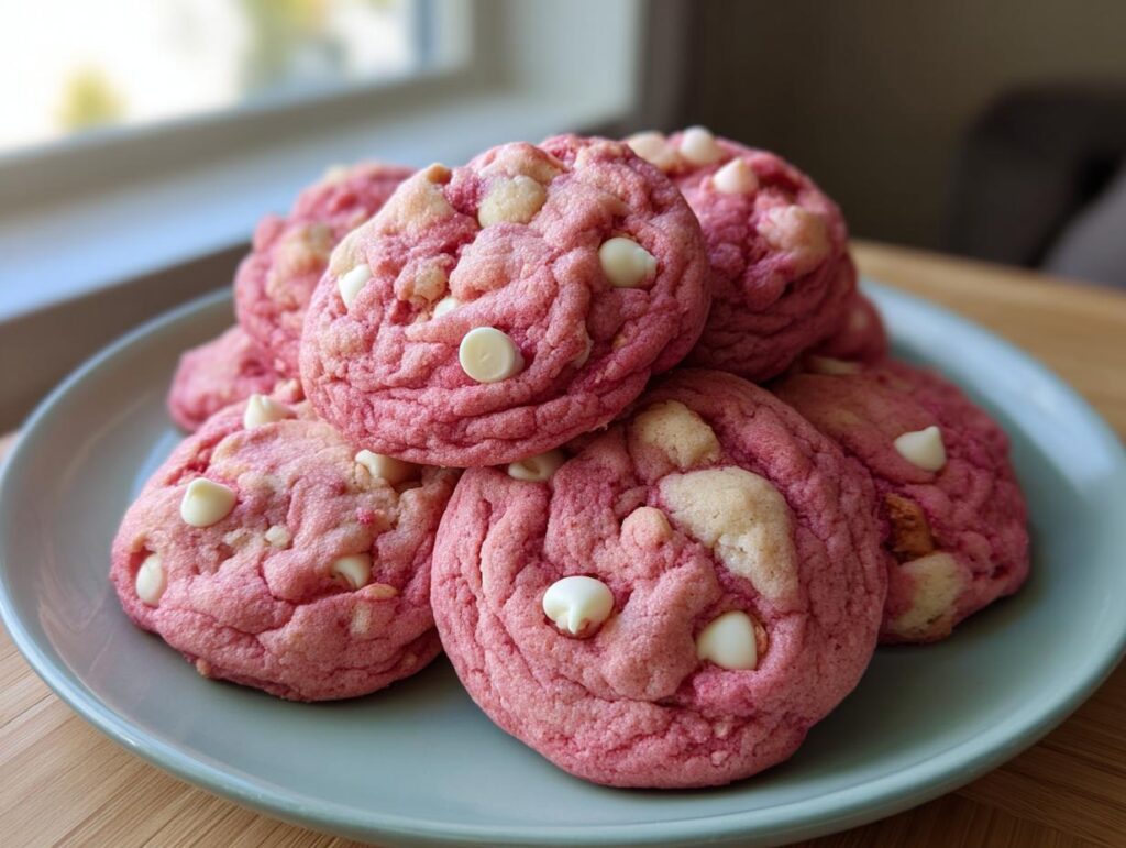 Pile of delicious pink velvet cookies with white chocolate chips on a plate; perfect for a Pink Velvet Cookie Recipe.