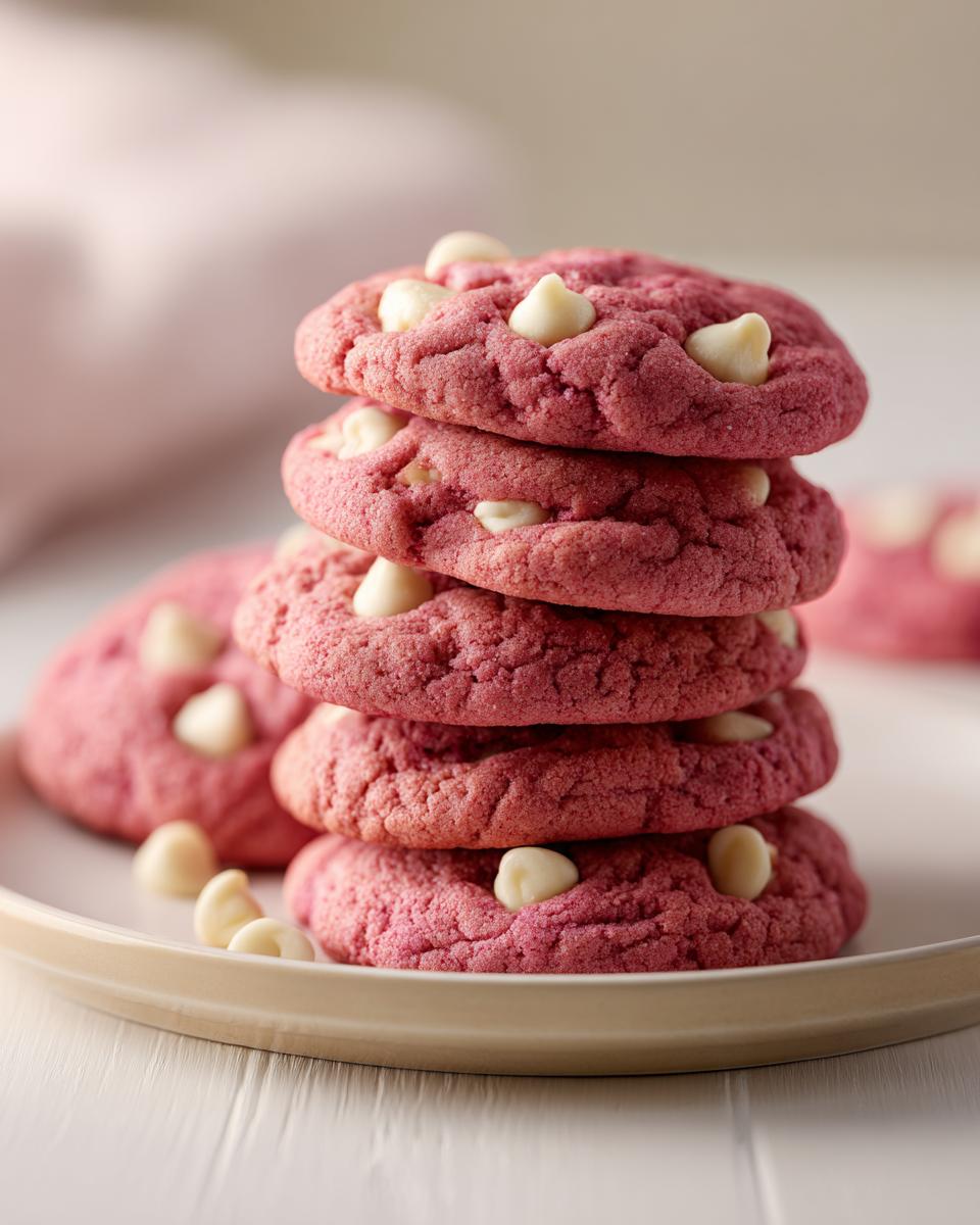 Stack of pink velvet cookies with white chocolate chips, a delicious treat from the Pink Velvet Cookie Recipe.