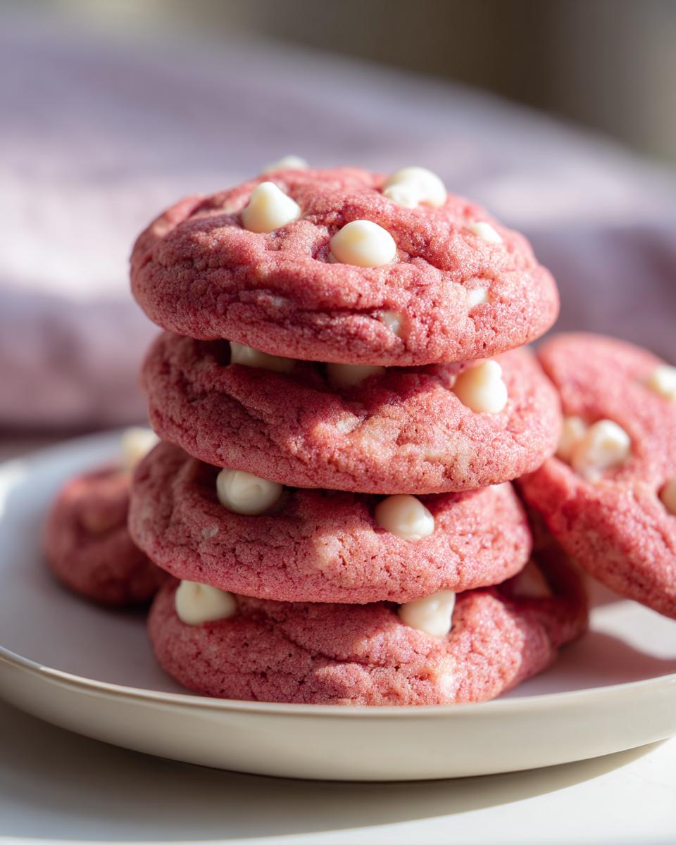 Stack of pink velvet cookies with white chocolate chips, perfect for a Pink Velvet Cookie Recipe.
