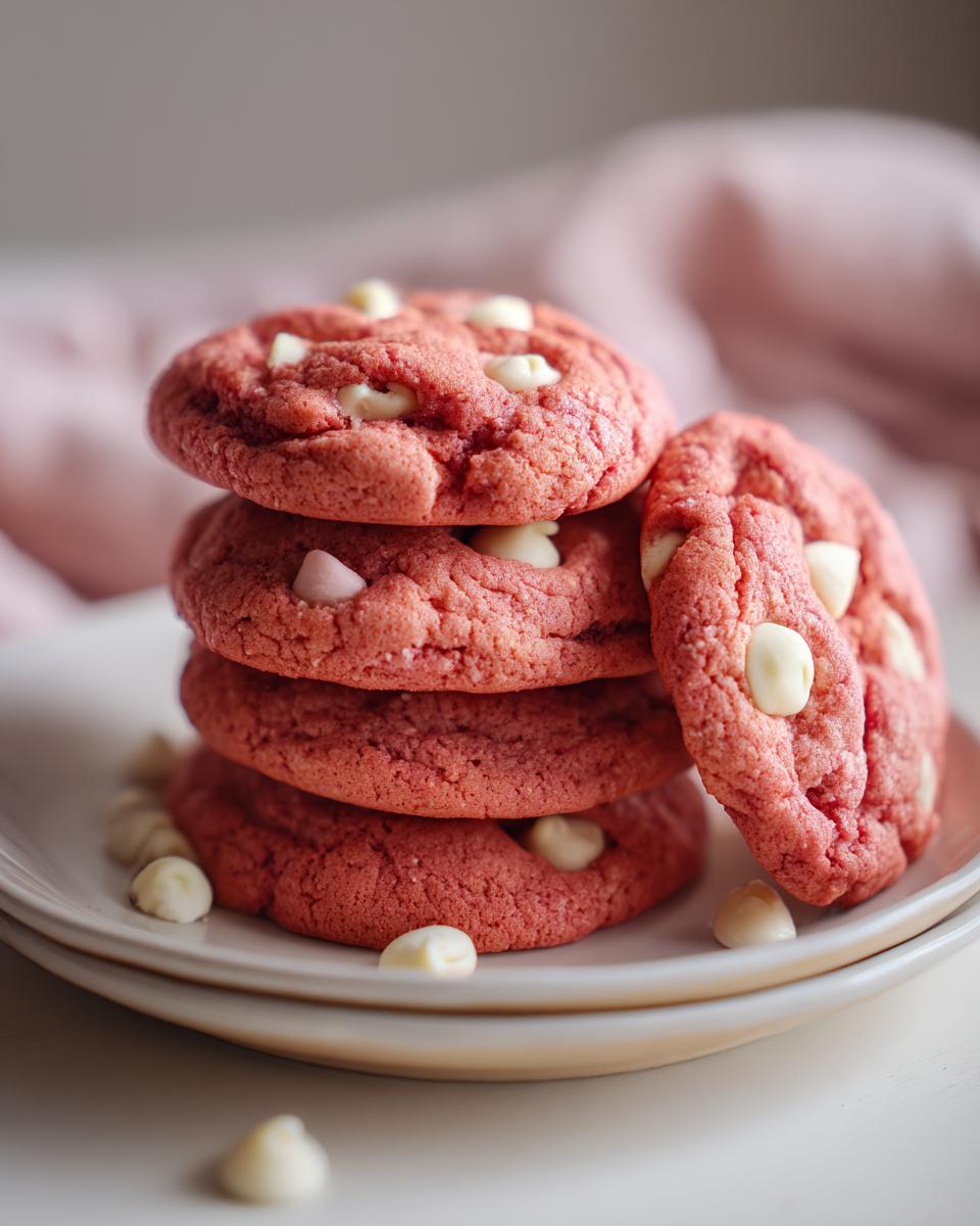 Stack of pink velvet cookies with white chocolate chips on a white plate. The Pink Velvet Cookie Recipe is delicious!