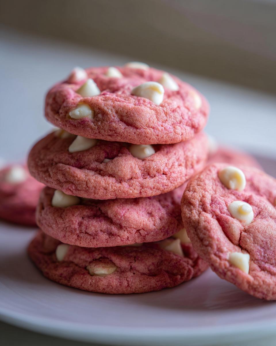 Close-up of a stack of pink cookies with white chocolate chips; a Pink Velvet Cookie Recipe.