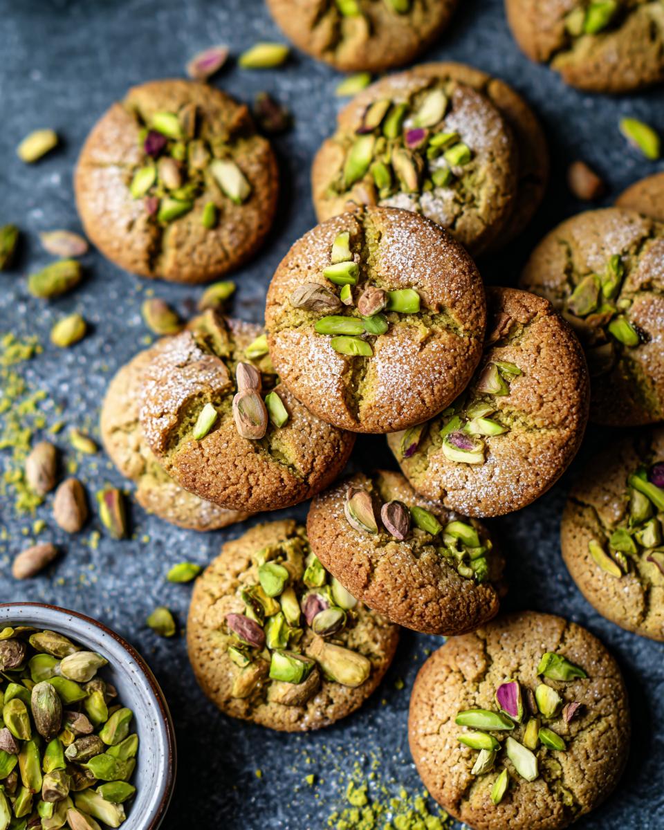 Overhead shot of a pile of Pistachio Cardamom Cookies, sprinkled with pistachios and powdered sugar.