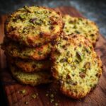 Close-up of a stack of Pistachio Cardamom Cookies on a wooden board, with visible pistachios.