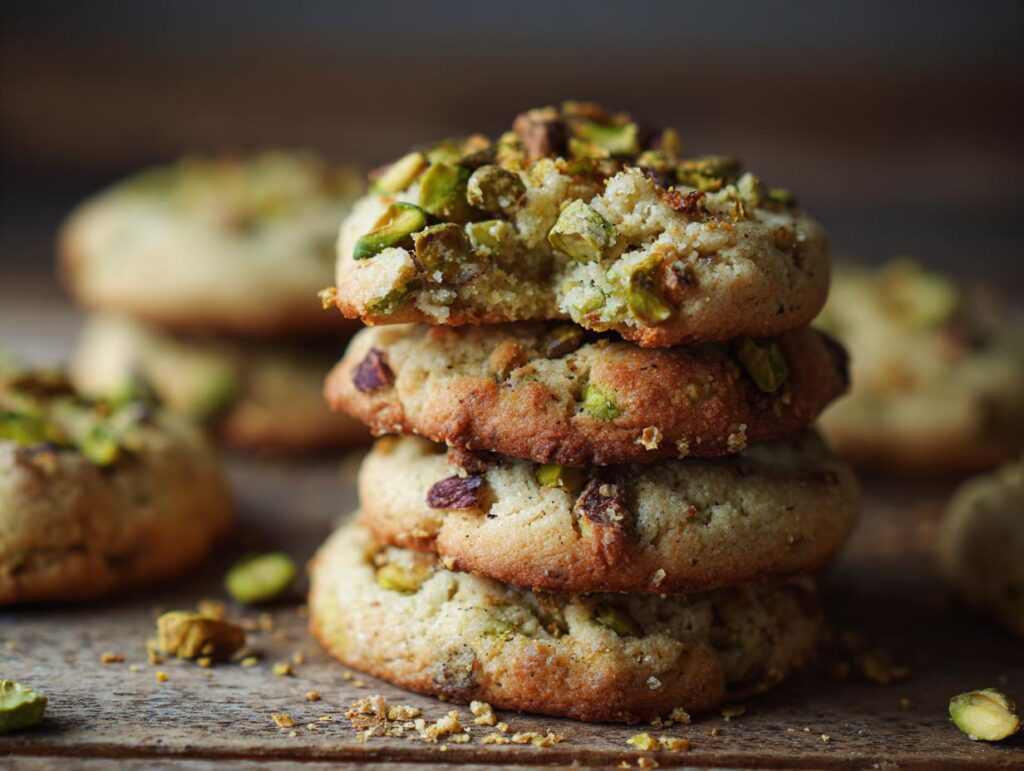 Close-up of a stack of Pistachio Cardamom Cookies topped with chopped pistachios.