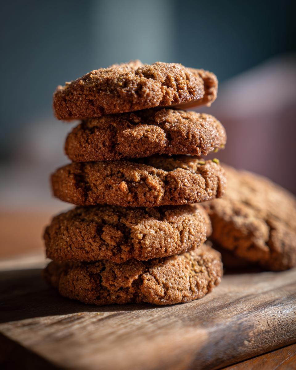 A stack of freshly baked Pistachio Cardamom Cookies on a wooden cutting board, close up.