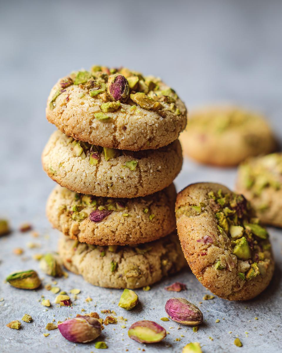 Close-up of a stack of Pistachio Cardamom Cookies with chopped pistachios.