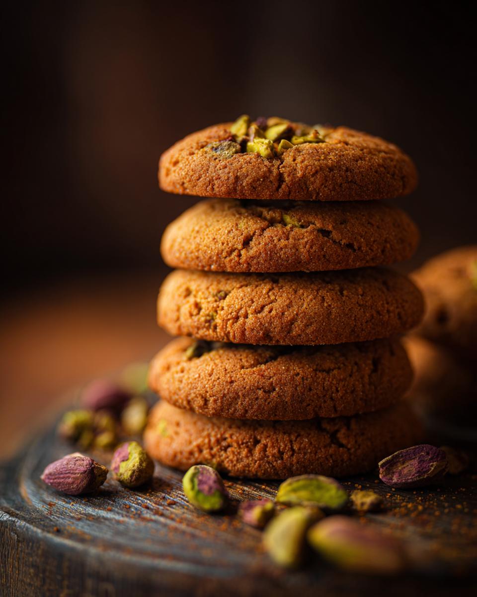 A stack of freshly baked Pistachio Cardamom Cookies with pistachios, on a wooden surface.