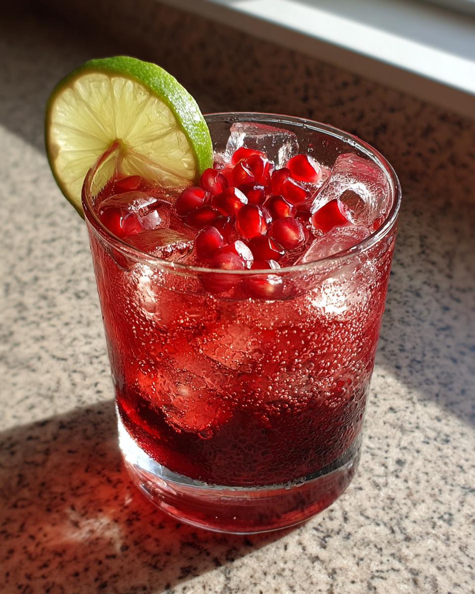 Close-up of a Pomegranate Martini Mocktail with pomegranate seeds, ice, and a lime garnish.