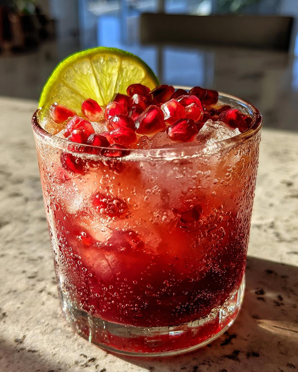 Close-up of a non-alcoholic Pomegranate Martini Mocktail garnished with pomegranate seeds and lime.