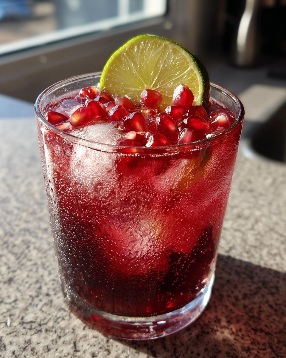 Close-up of a Pomegranate Martini Mocktail garnished with lime and pomegranate seeds, bubbly and refreshing.