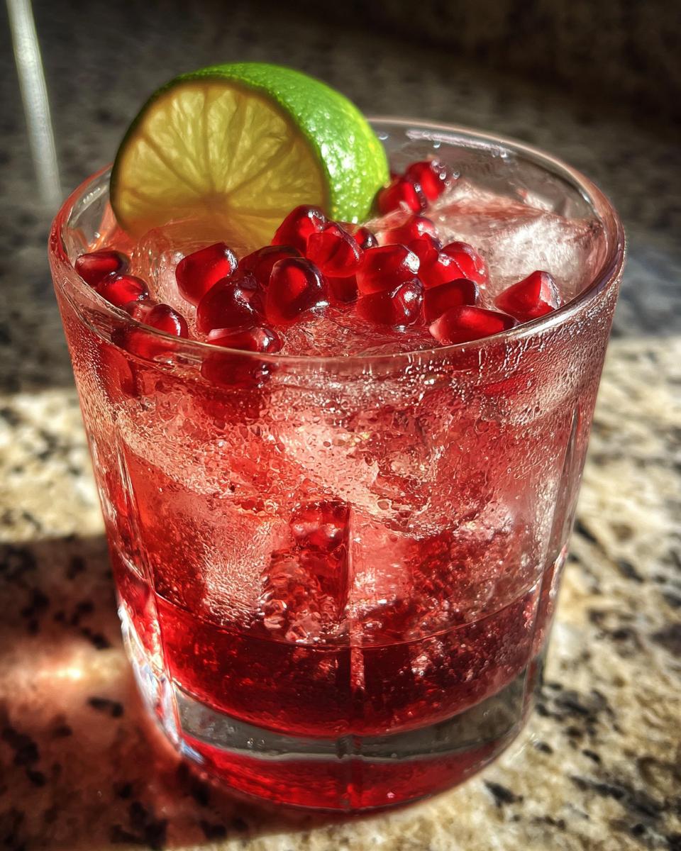 Close-up of a Pomegranate Martini Mocktail garnished with lime and pomegranate seeds, refreshing drink.