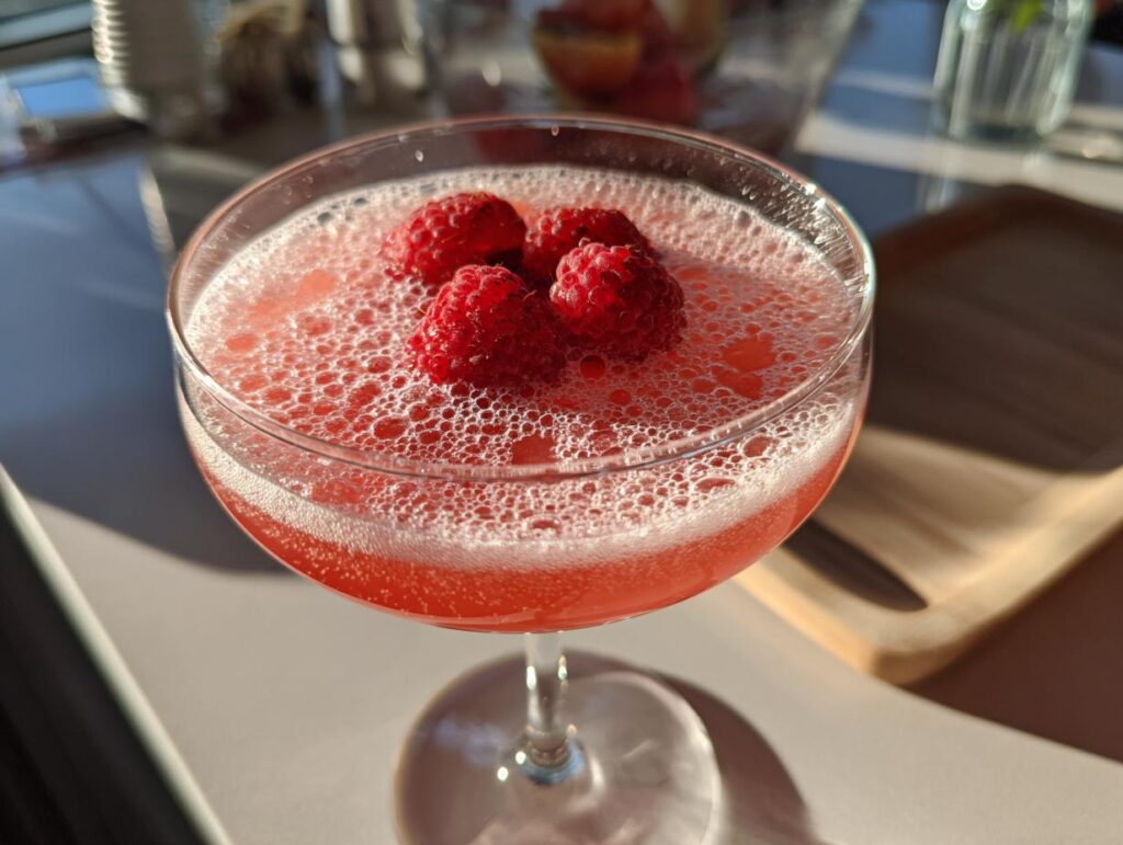 Close-up of a Prosecco Pink Velvet Fizz cocktail garnished with fresh raspberries.