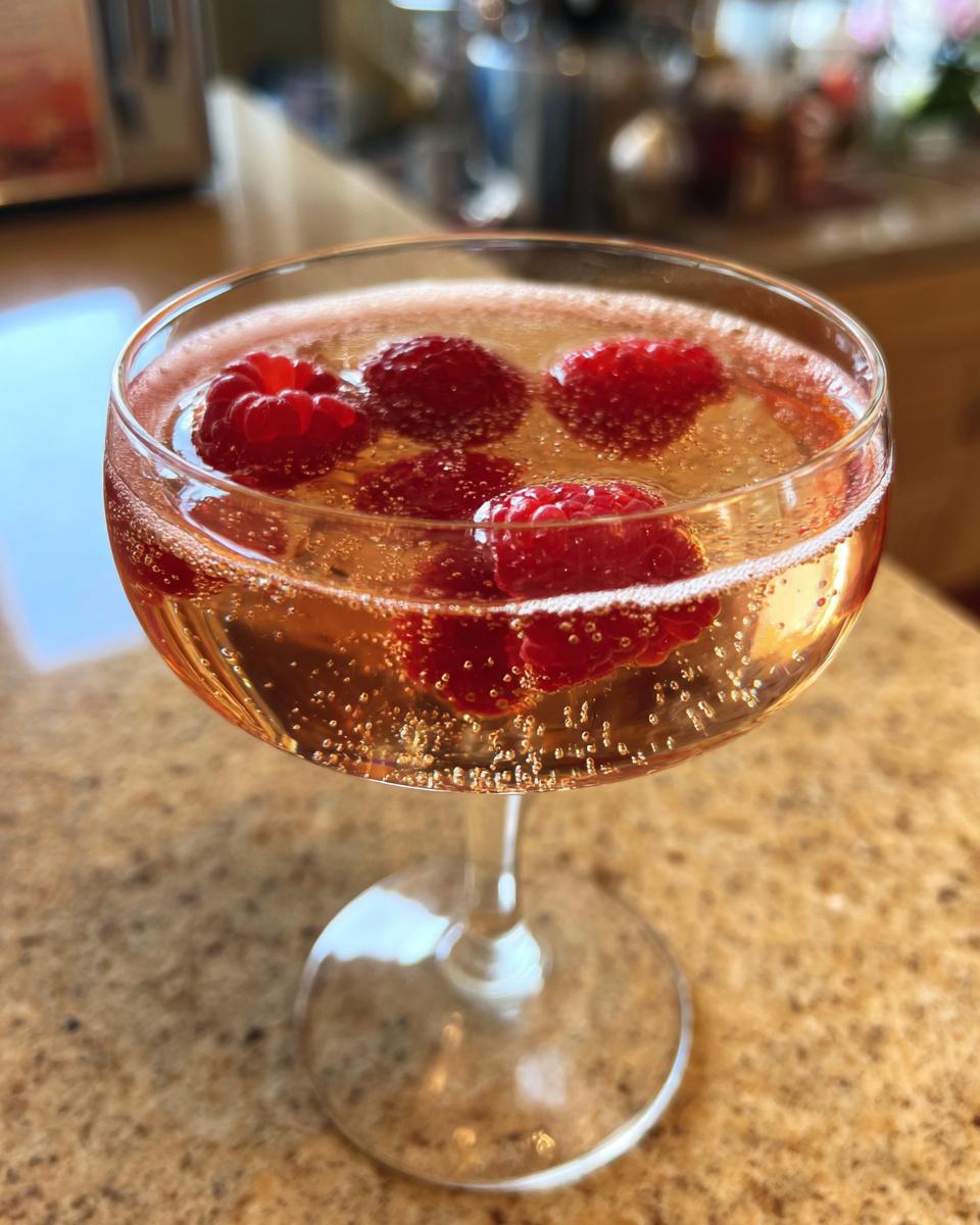 A glass of Prosecco Pink Velvet Fizz cocktail with fresh raspberries, the perfect Prosecco cocktail.