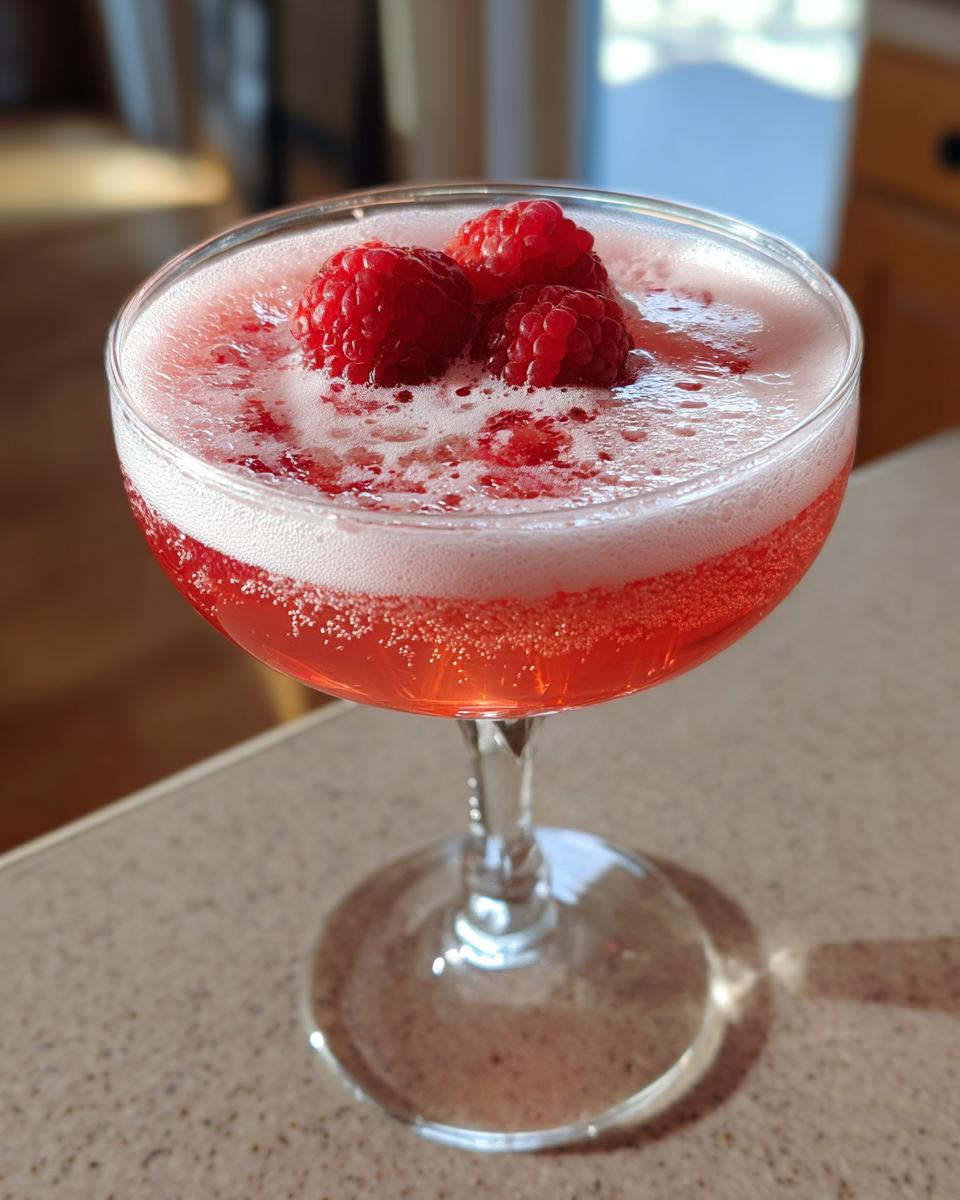 Close-up of a Pink Velvet Fizz cocktail with fresh raspberries, a Prosecco cocktail.