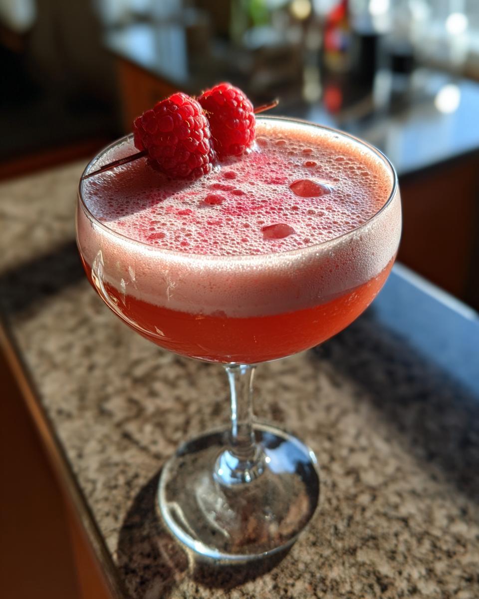 A refreshing Prosecco Pink Velvet Fizz cocktail garnished with fresh raspberries.
