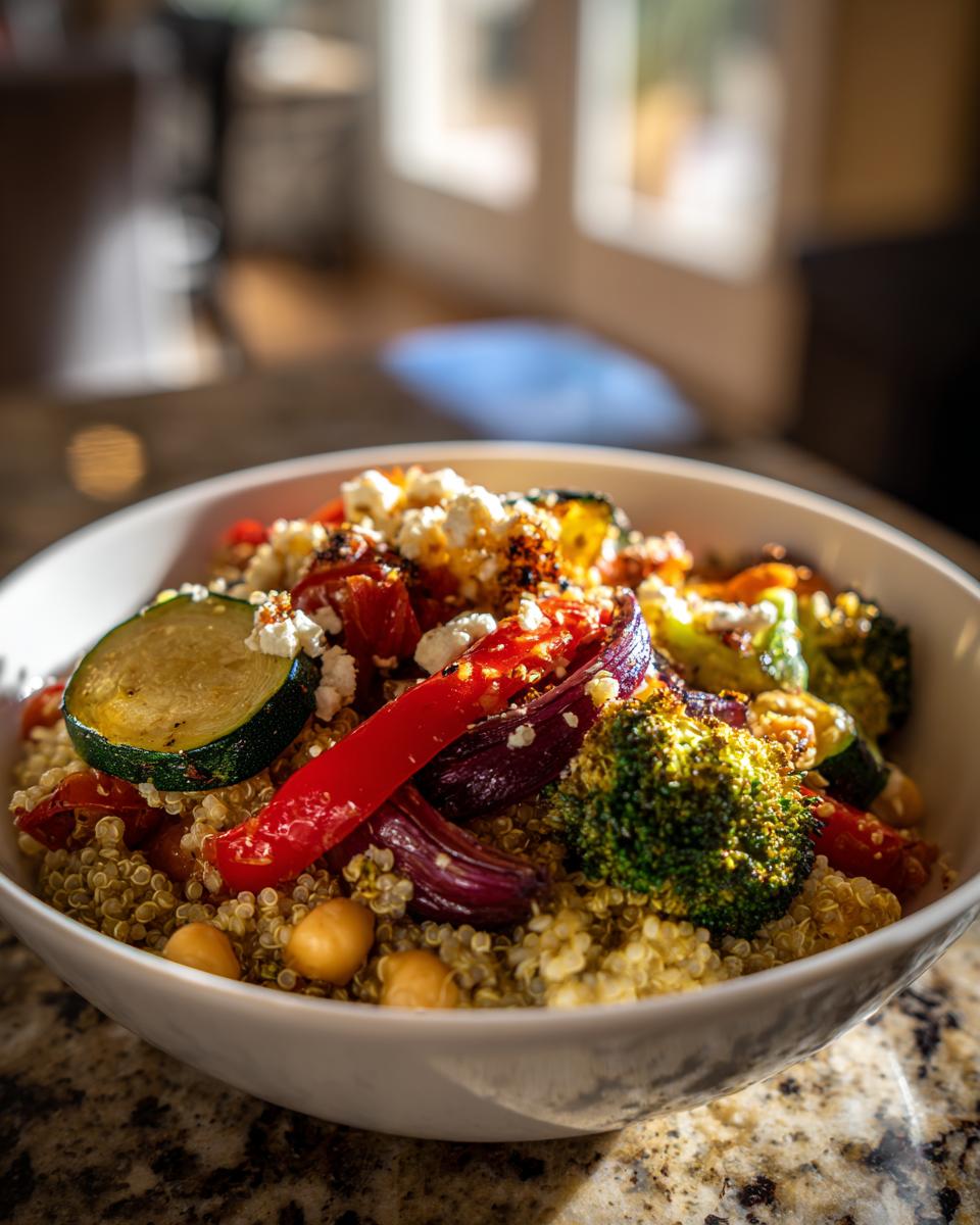 Close-up of a Protein-Packed Quinoa & Roasted Veggie Bowl with quinoa, roasted vegetables, and feta cheese.
