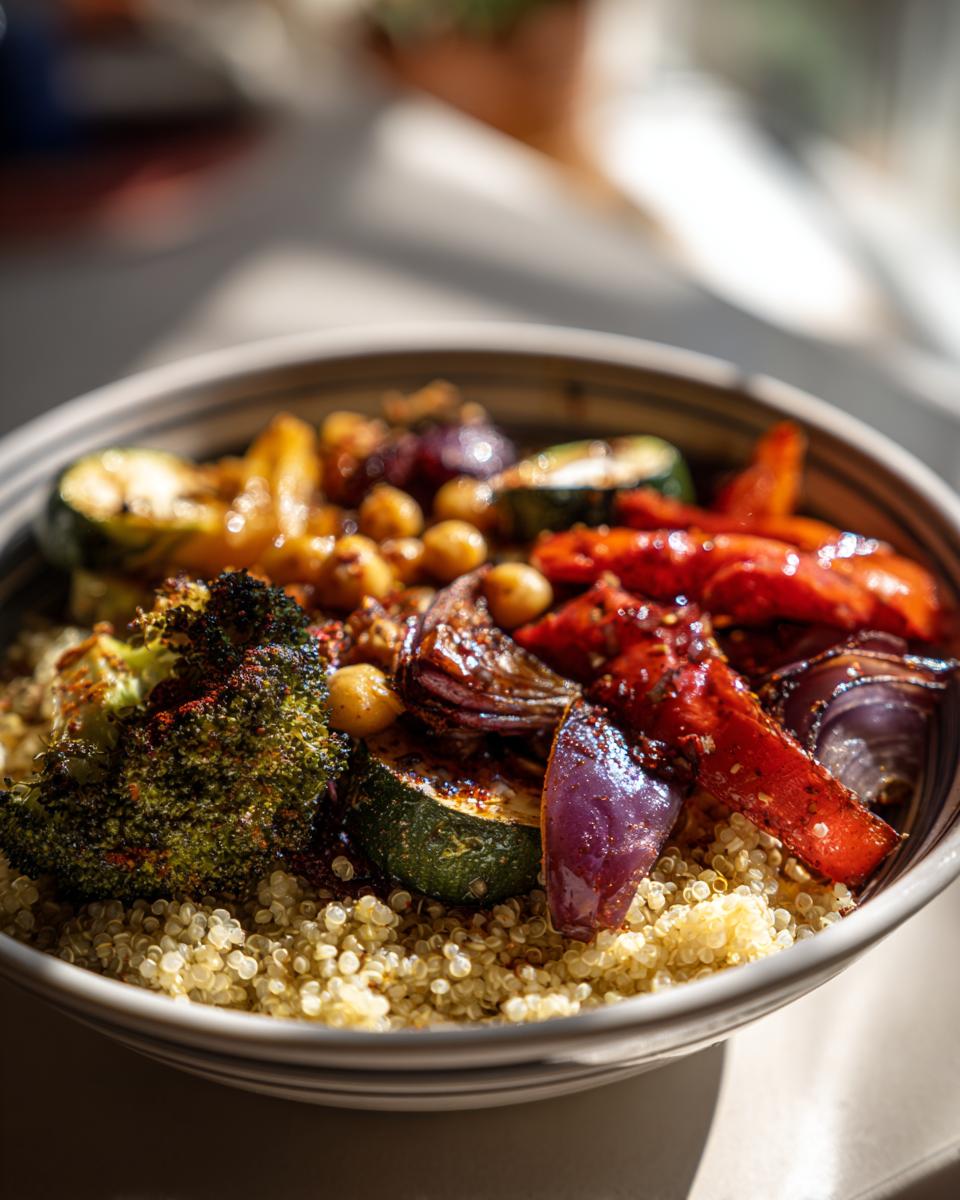 Close-up of a Protein-Packed Quinoa & Roasted Veggie Bowl with quinoa, roasted vegetables, and chickpeas.