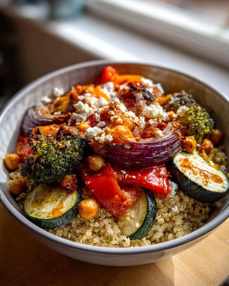 A colorful bowl of Protein-Packed Quinoa & Roasted Veggie Bowl with quinoa, vegetables, and feta cheese.