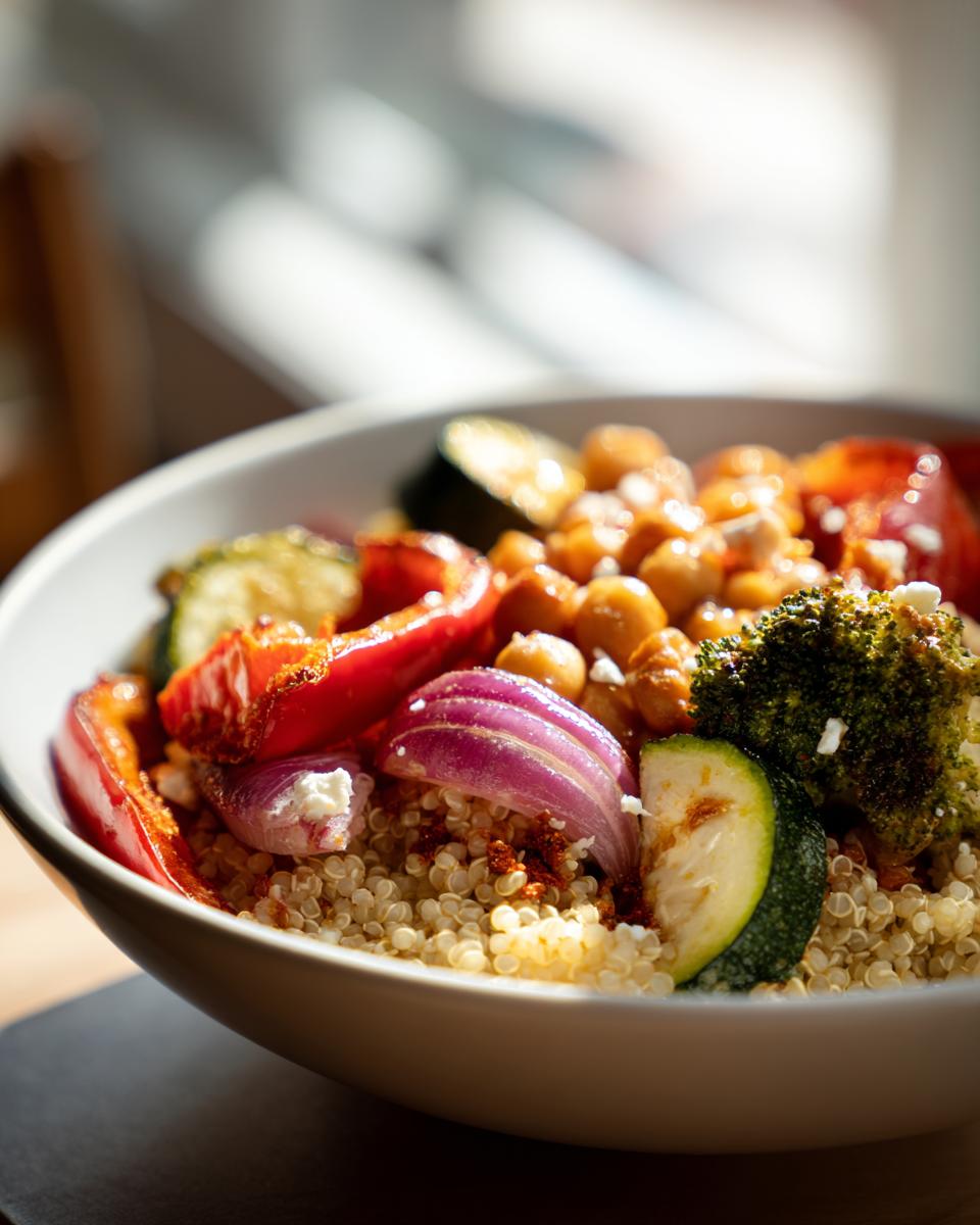 Close-up of a Protein-Packed Quinoa & Roasted Veggie Bowl with chickpeas, vegetables, and quinoa.