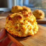 Close-up of a golden-brown Pumpkin & Cheddar Biscuit on a wooden board, with others in the background.