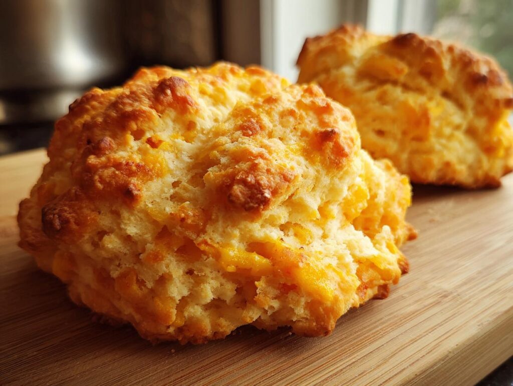 Close-up of golden-brown Pumpkin & Cheddar Biscuits on a wooden board, ready to eat.