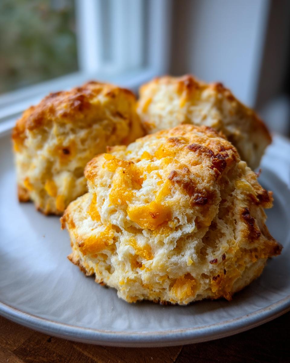 Close-up of three golden Pumpkin & Cheddar Biscuits on a plate, showing flaky layers and melted cheese.