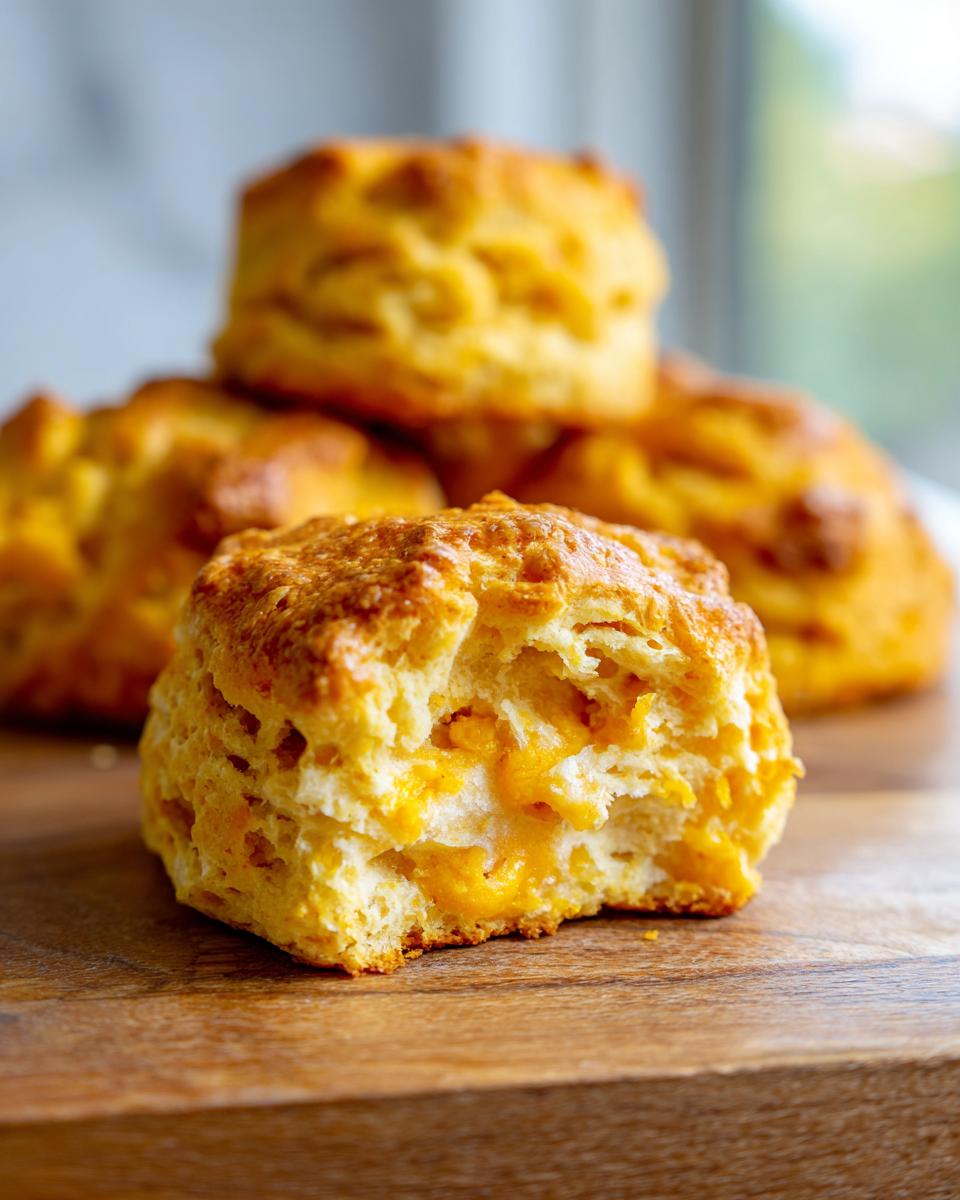 Close-up of a Pumpkin & Cheddar Biscuit with a bite taken out, showing the cheesy interior.
