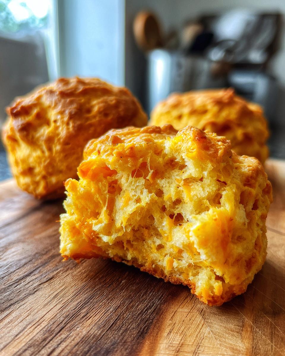 Close-up of a Pumpkin & Cheddar Biscuit, showing the texture and ingredients.