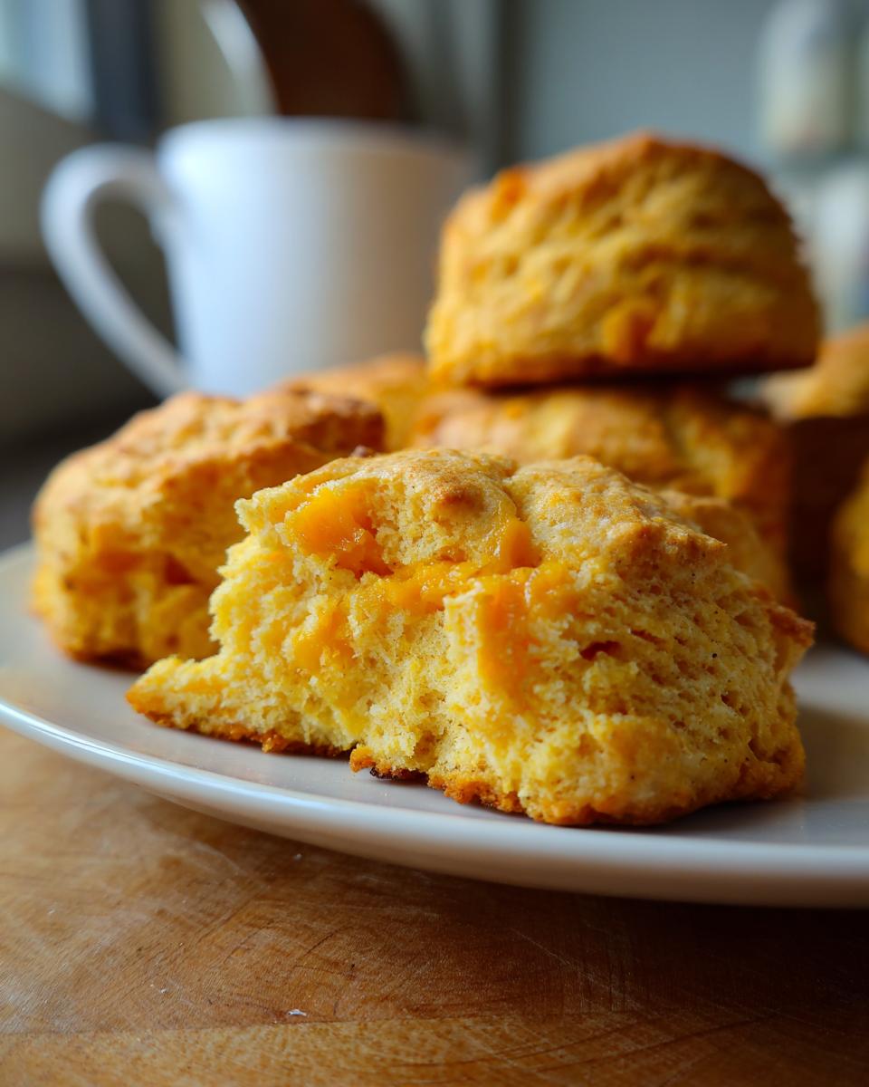 Close-up of a Pumpkin & Cheddar Biscuit, showing the texture and cheesy filling.