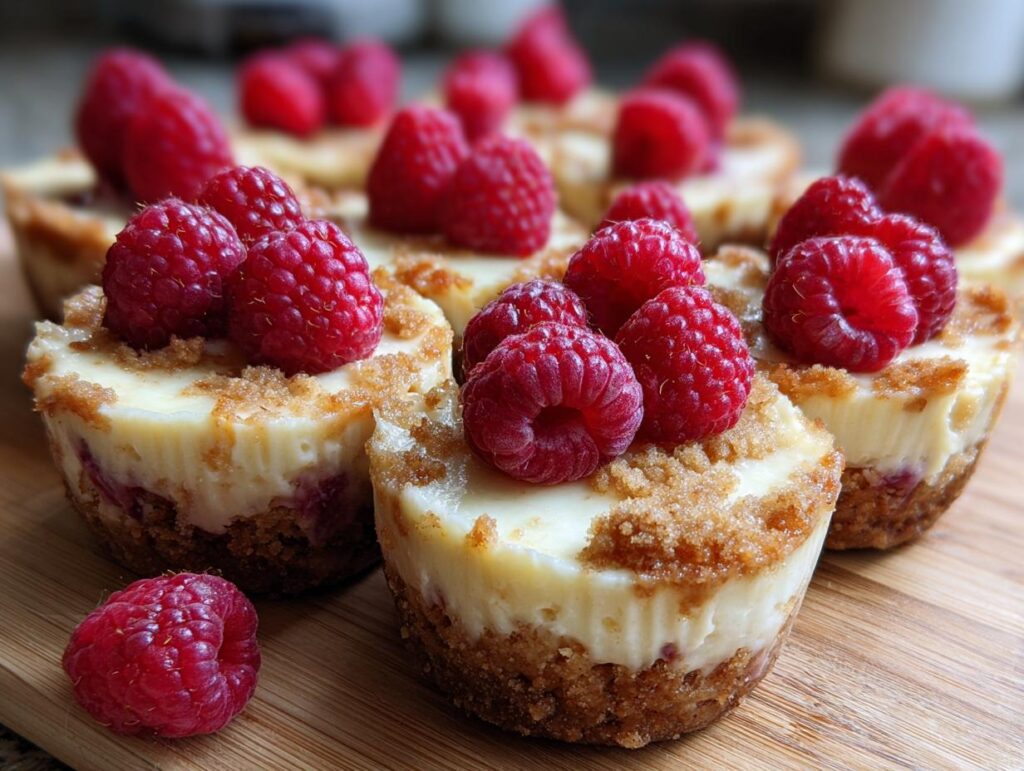 Close-up of delicious Raspberry Cheesecake Bites topped with fresh raspberries.