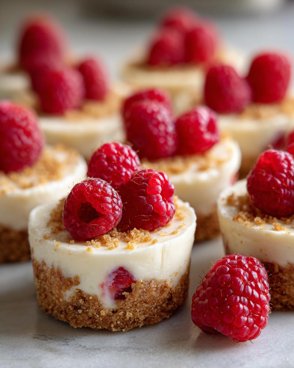 Close-up of mini Raspberry Cheesecake Bites topped with fresh raspberries.