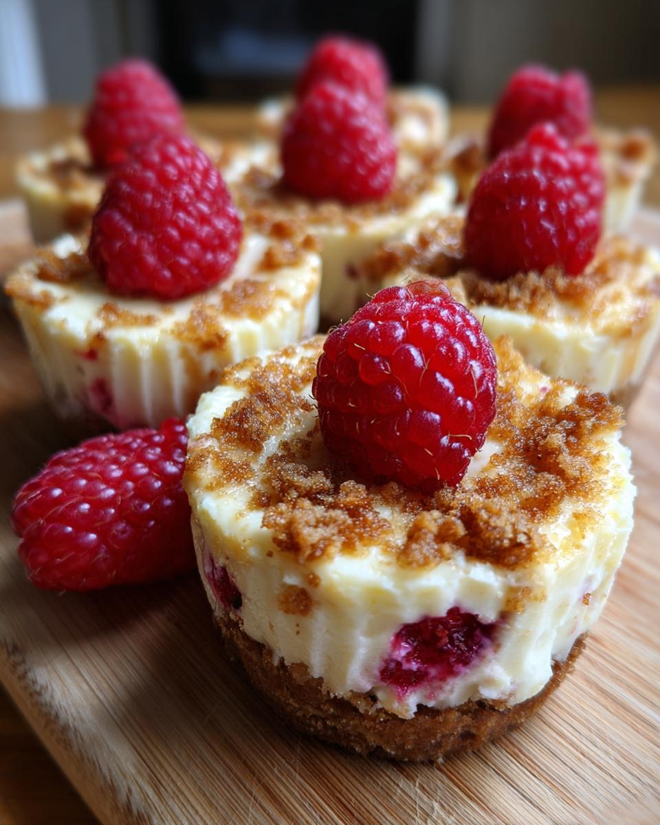 Close-up of delicious Raspberry Cheesecake Bites topped with fresh raspberries and crumb topping.