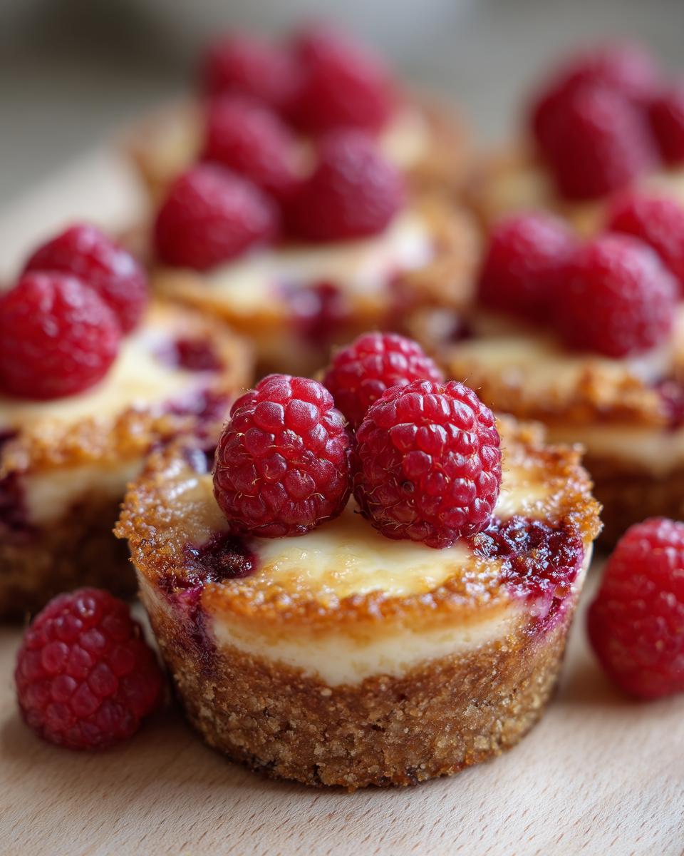 Close-up of delicious Raspberry Cheesecake Bites topped with fresh raspberries on a wooden surface.