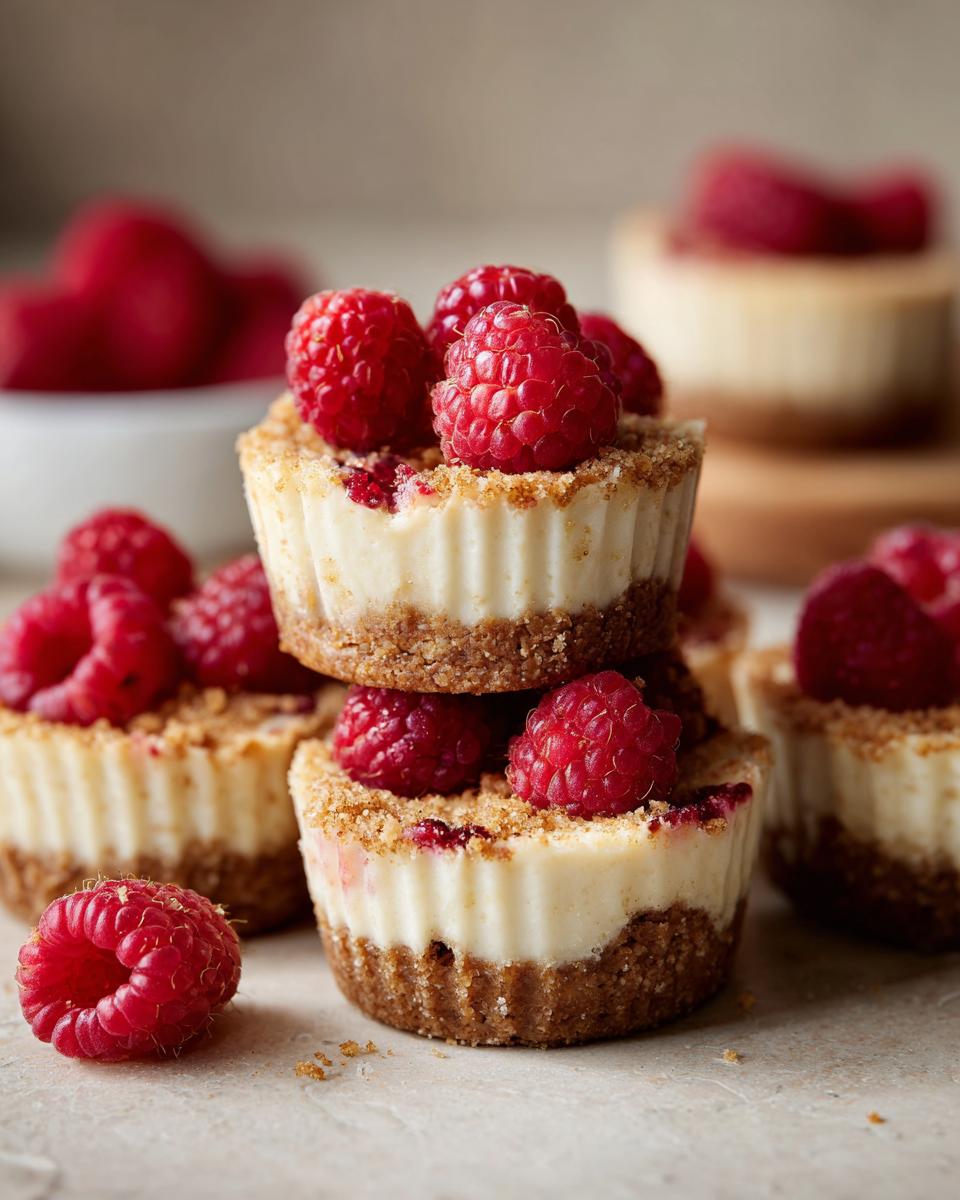 Close-up of stacked Raspberry Cheesecake Bites topped with fresh raspberries, showcasing the dessert.