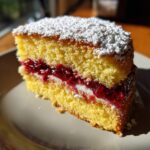 Close-up of a slice of Raspberry Jam-Filled Cake on a plate, dusted with powdered sugar.