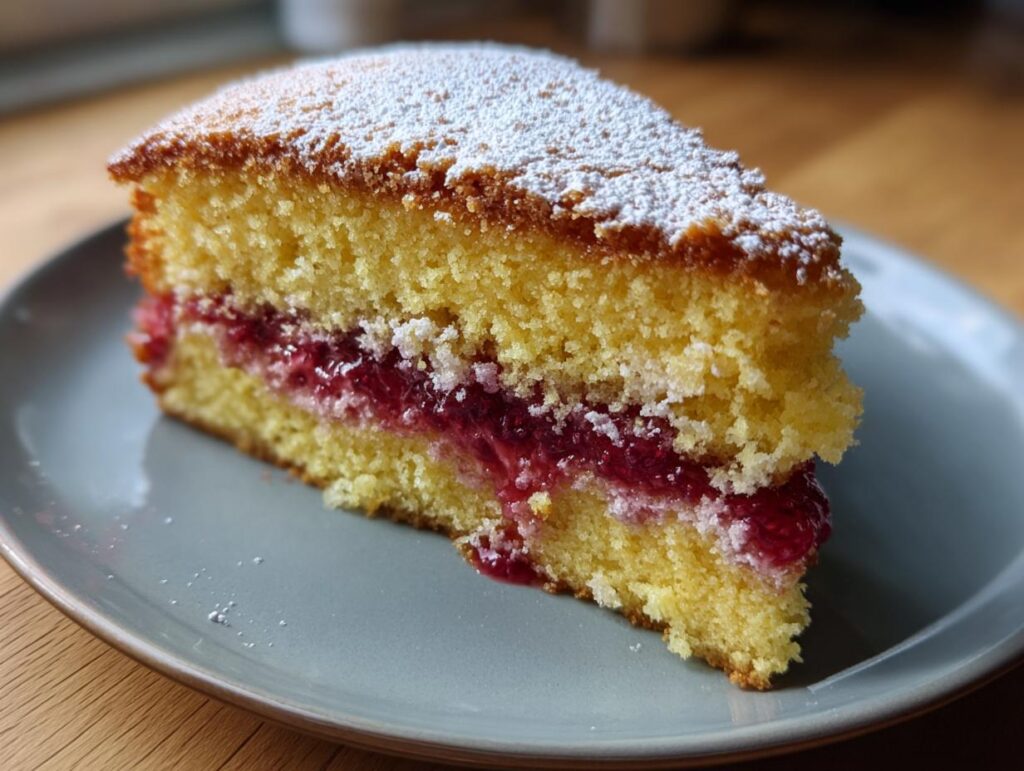 A slice of Raspberry Jam-Filled Cake on a plate, dusted with powdered sugar.