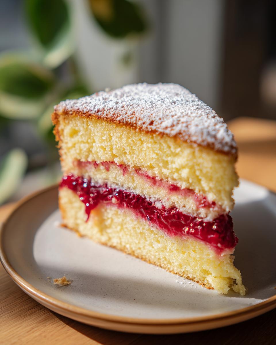 A slice of Raspberry Jam-Filled Cake on a plate, showing the jam filling and powdered sugar.