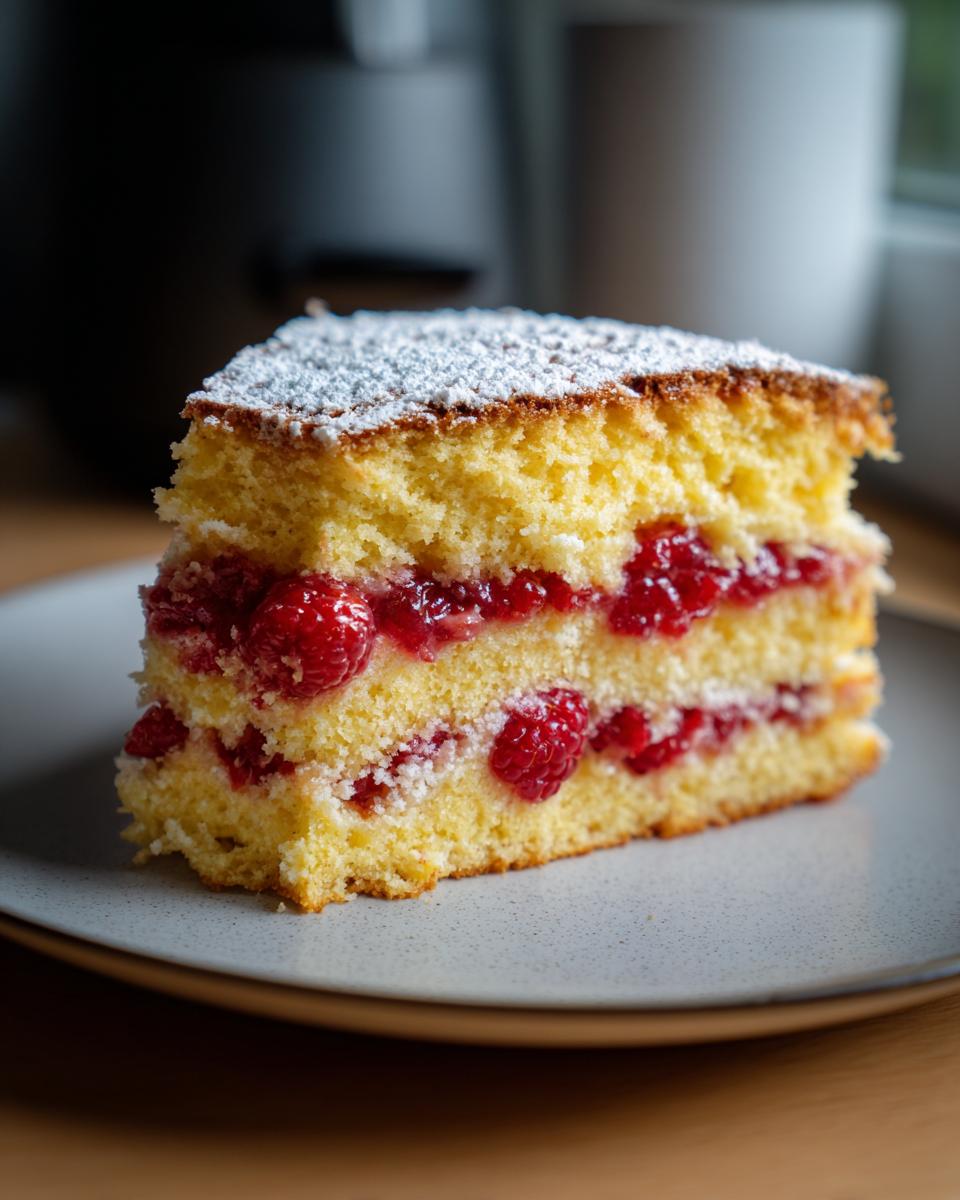 A slice of Raspberry Jam-Filled Cake with fresh raspberries and powdered sugar.