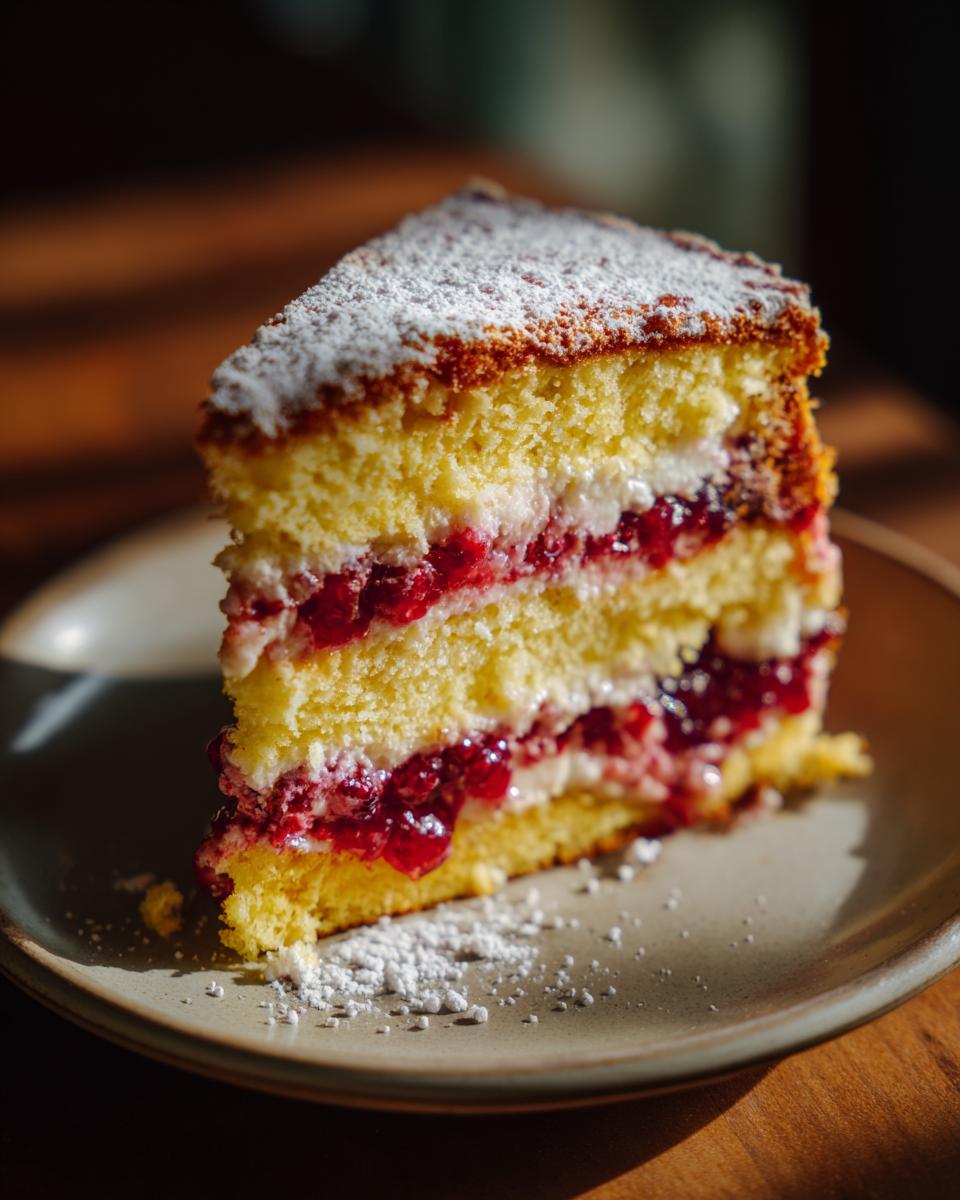 A delicious slice of Raspberry Jam-Filled Cake on a plate, dusted with powdered sugar.