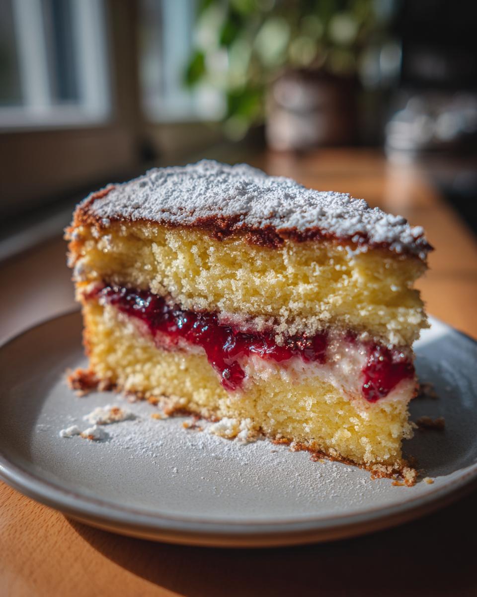 A slice of delicious Raspberry Jam-Filled Cake on a plate, dusted with powdered sugar.