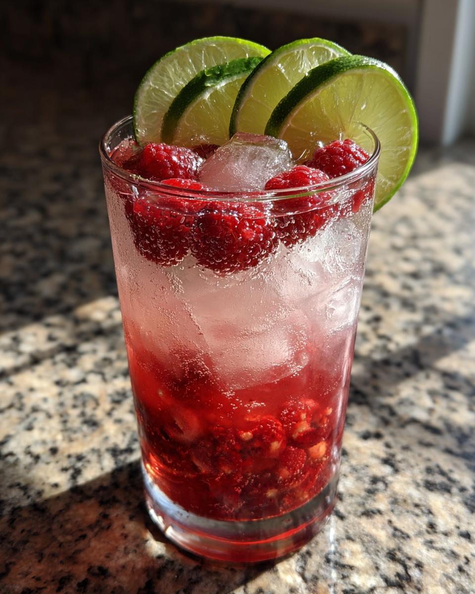 A vibrant Raspberry Lime Rickey cocktail with fresh raspberries, lime slices, and ice.