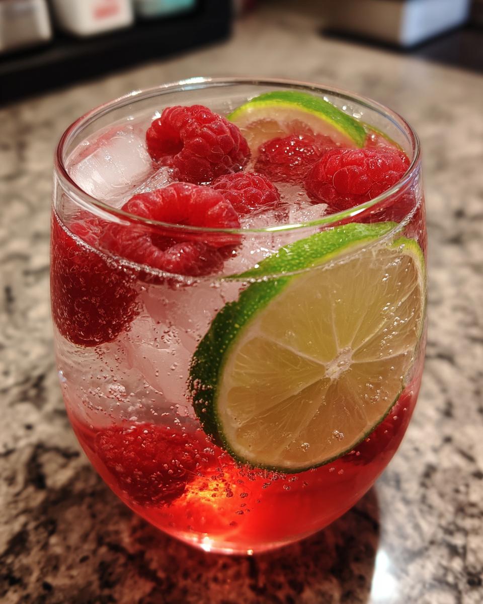 A close-up of a Raspberry Lime Rickey cocktail with fresh raspberries and lime slices.