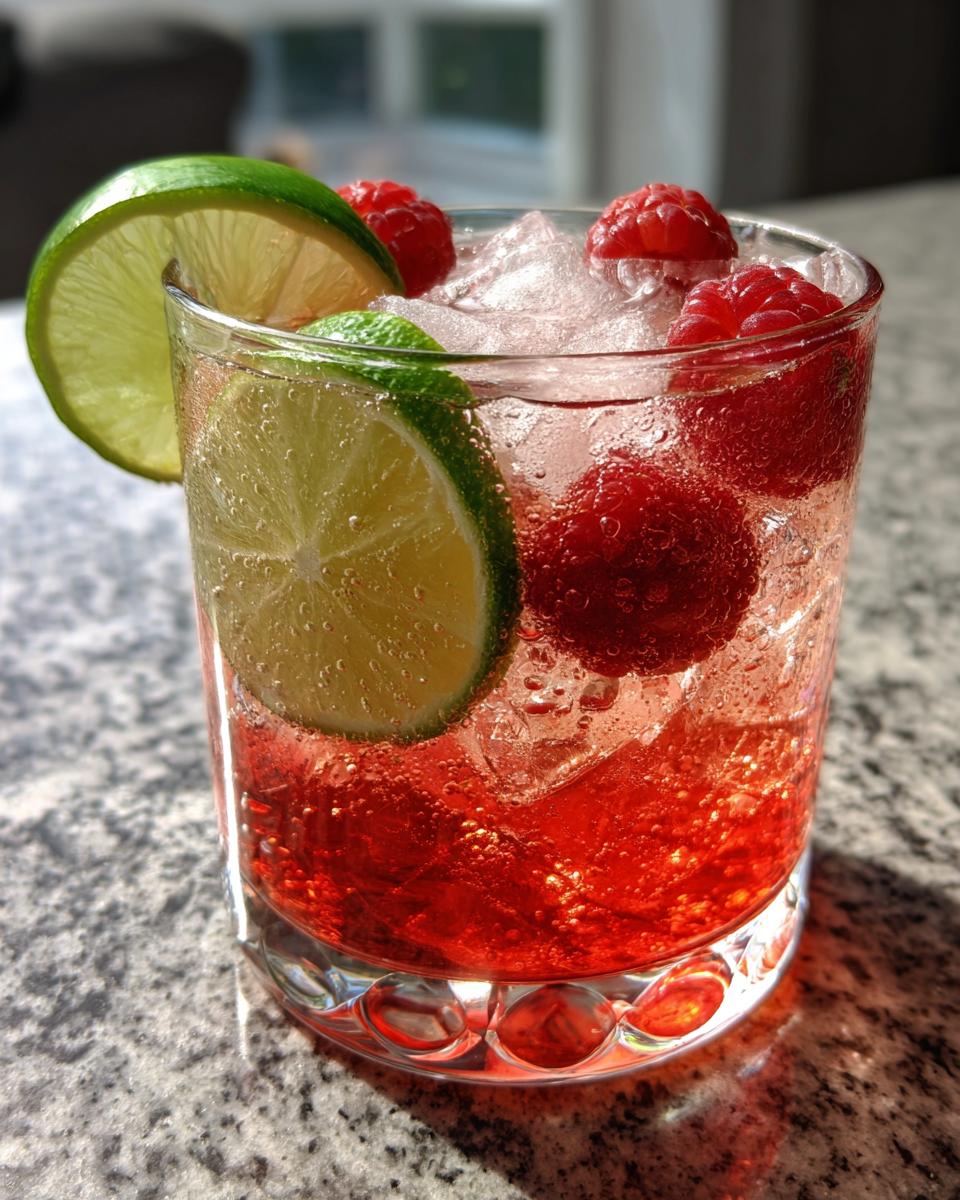 Close-up of a Raspberry Lime Rickey cocktail with raspberries, lime slices, and ice.