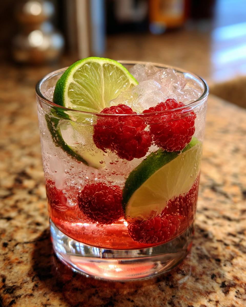 Close-up of a Raspberry Lime Rickey cocktail with raspberries, lime slices, and ice.