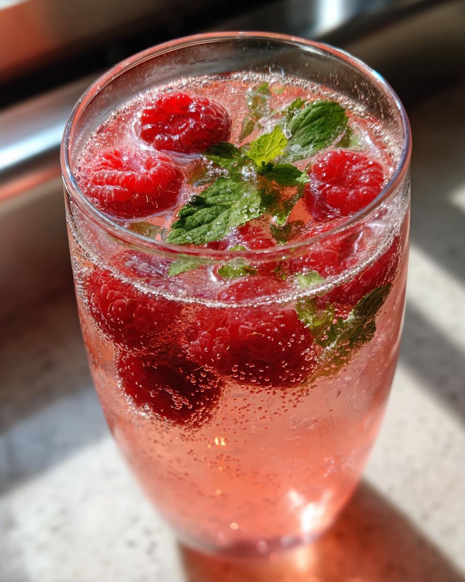 Close-up of a Raspberry Rosé Spritzer garnished with fresh raspberries and mint leaves.