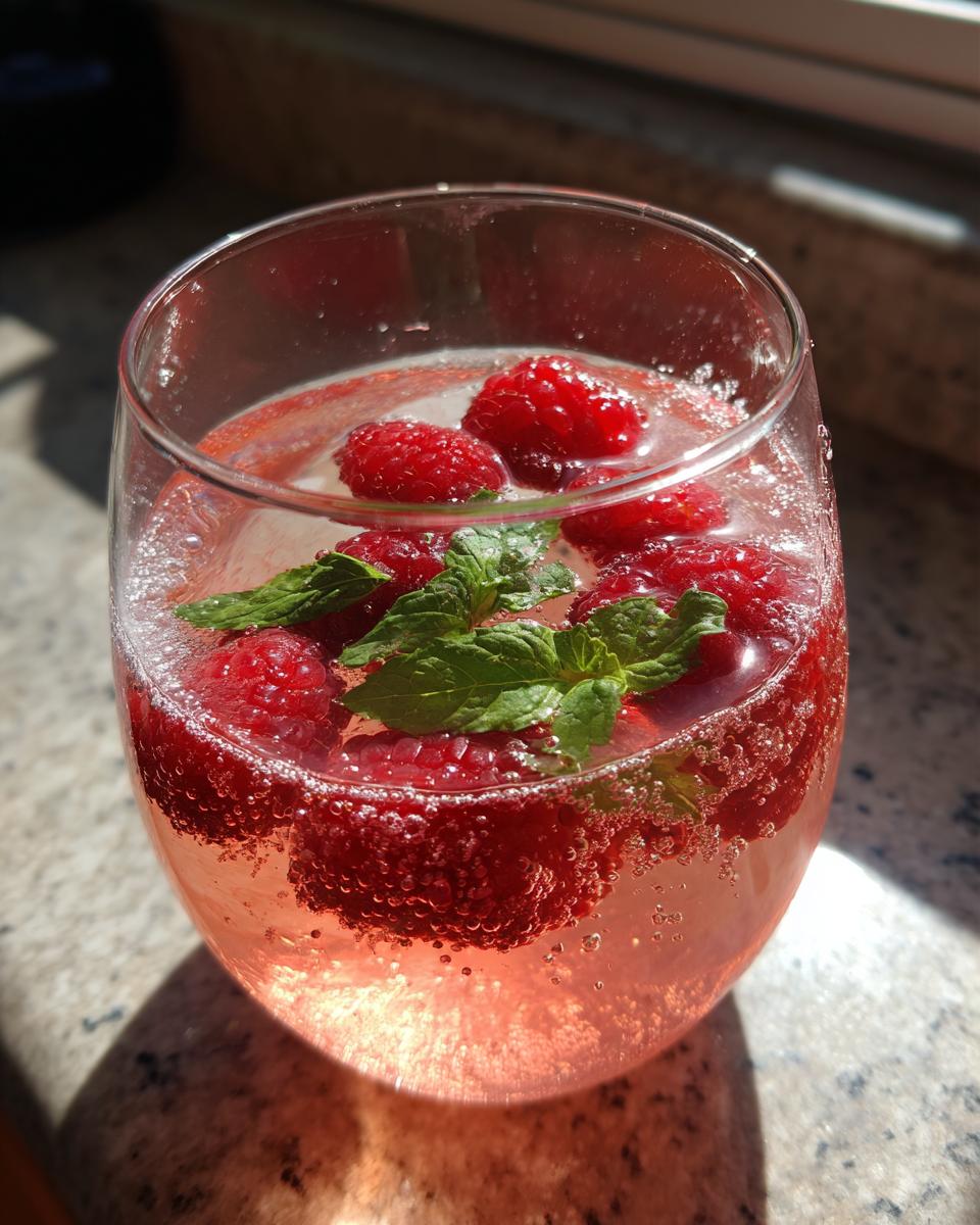 Close-up of a Raspberry Rosé Spritzer garnished with fresh raspberries and mint.