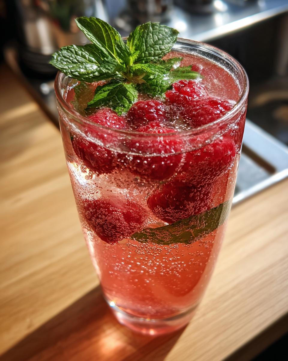 Close-up of a Raspberry Rosé Spritzer with fresh raspberries and mint, bubbly and refreshing.
